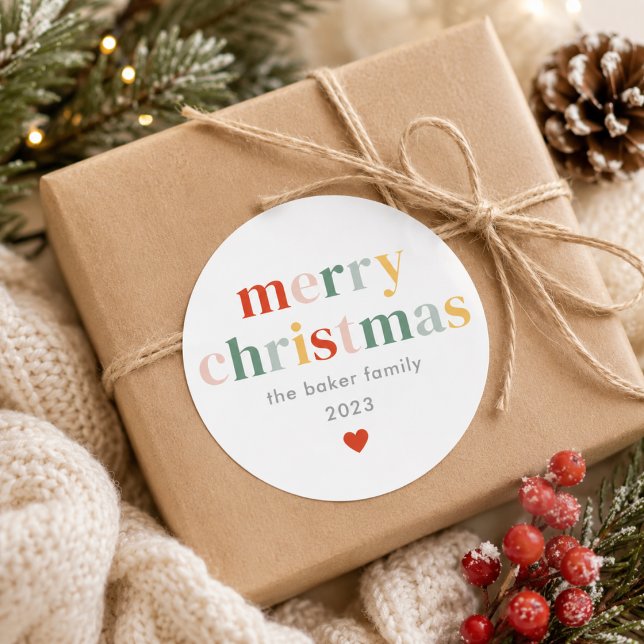 Adesivo Natal Alegre Colorido Moderno (Modern Colorful Merry Christmas Classic Round Sticker)