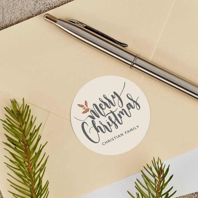 Adesivo Natal Alegre Rústico Personalizado (Rustic Merry Christmas Personalized Classic Round Sticker)