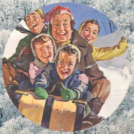 Adesivo Natal Antigo, Família Feliz Deslizando no Trenó