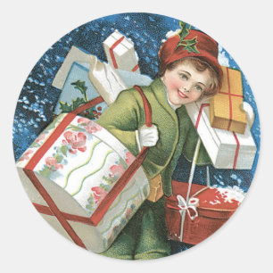 Adesivo Natal Antigo, Menina com Presentes na Neve de Inve
