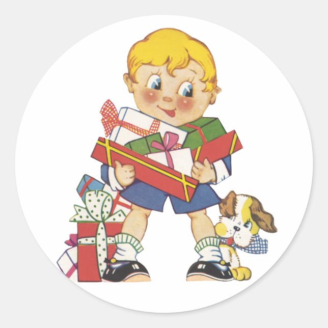 Adesivo Natal Antigo, Menino com Presentes e Cachorrinho (Frente)