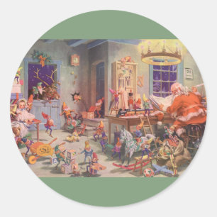 Adesivo Natal Antigo, Papai Noel com Oficina de Elfos