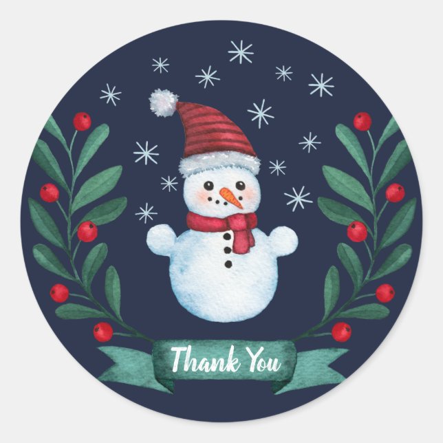 Adesivo Natal Aquarela Snowman Marinho Azul Obrigado (Frente)