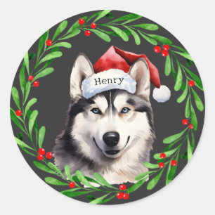 Adesivo Natal Cachorro Siberian Husky Santa Hat Holiday