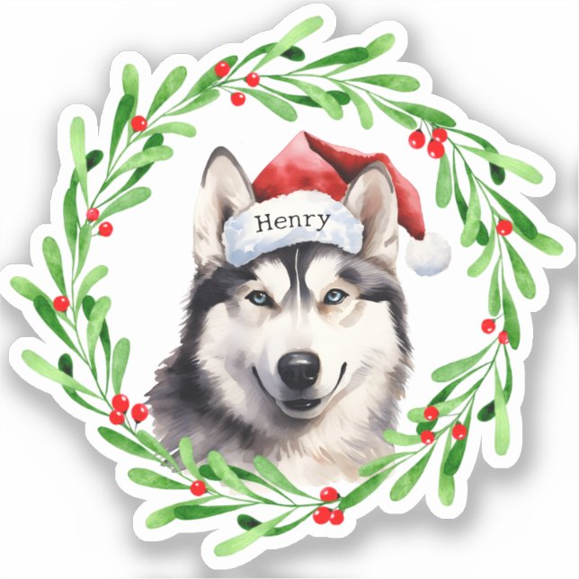 Adesivo Natal Cachorro Siberian Husky Santa Hat Holiday (Frente)