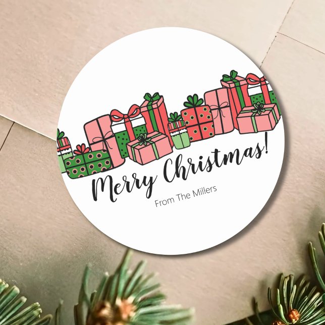 Adesivo Natal Colorido Fofo (Cute Colorful Simple Modern Red Pink Christmas Classic Round Sticker)