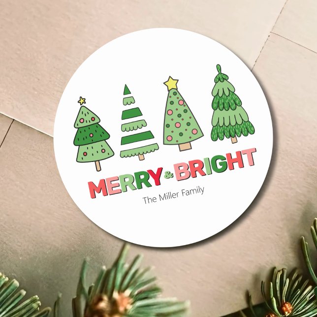 Adesivo Natal Colorido Fofo Alegre e Brilhante (Cute Colorful Christmas Merry And Bright Classic Round Sticker)