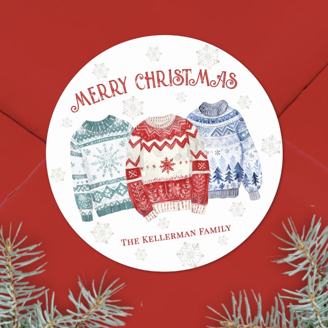 Adesivo Natal da camisola feia (Festive Ugly Sweater Merry Christmas Classic Round Sticker)