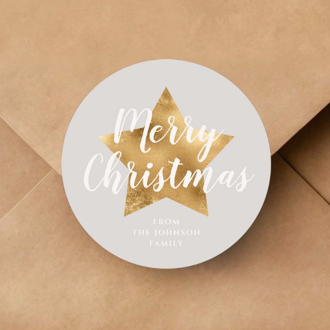 Adesivo Natal da Estrela Dourada da Cinza Elegante (Elegant Gray Gold Star Christmas Classic Round Sticker)
