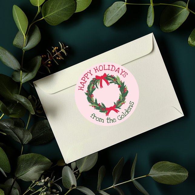 Adesivo Natal de Feriado PERSONALIZADO de Feriado de Terra (Hand Drawn Wreath CUSTOM Holiday Christmas Classic Round Sticker
)