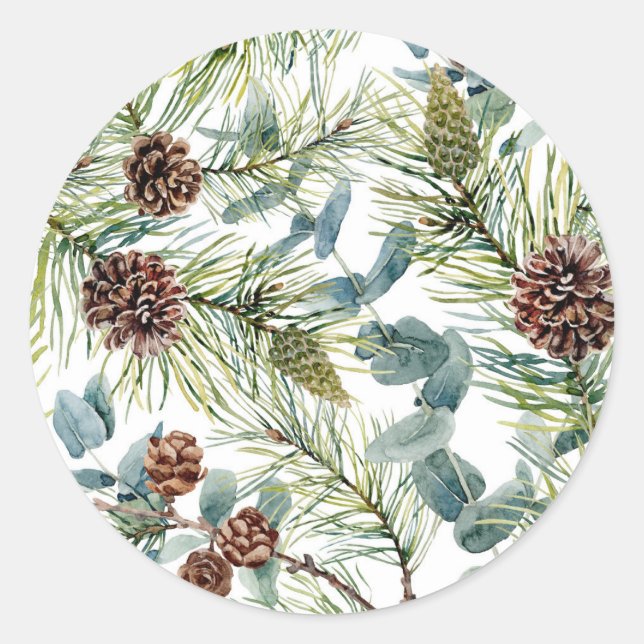 Adesivo Natal de padrão de pinheiro e pinhas em aquarela (Frente)