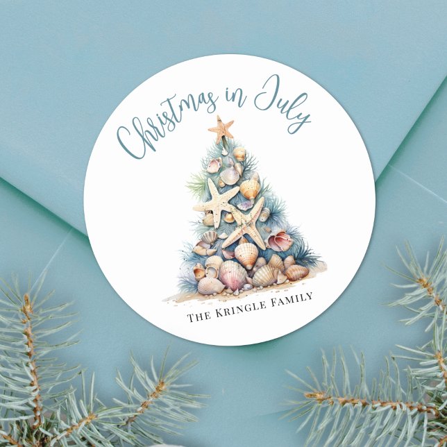 Adesivo Natal de Praia em Julho (Beach Christmas In July Classic Round Sticker)