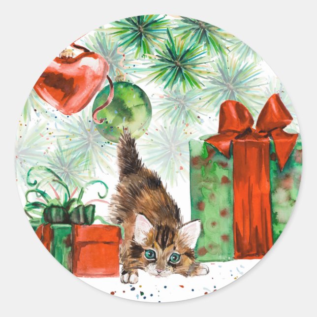 Adesivo Natal em aquarela - Kitten debaixo da árvore (Frente)