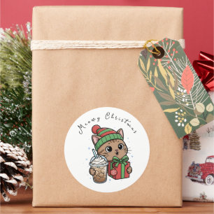 Adesivo Natal Felino Divertido com Café Gelado Grande Redo