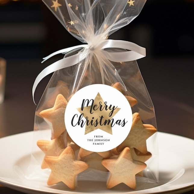 Adesivo Natal Feliz Estrela de Ouro Falso Branco Elegante  (Elegant White Faux Gold Star Merry Christmas Classic Round Sticker)