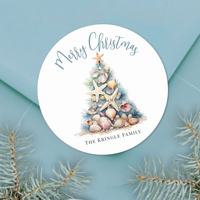 Adesivo Natal Feliz na Praia (Beach Merry Christmas Classic Round Sticker )