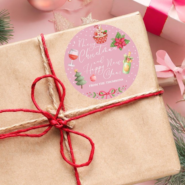 Adesivo Natal Festivo Rosa Moderno e Feliz Ano Novo (Criador carregado)