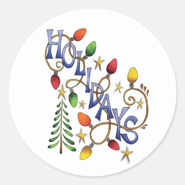 Adesivo Natal Fofo, Luzes e Estrelas com Texto de Feriado (Frente)