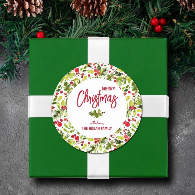Adesivo Natal Greenery Berries Feriado (Merry Christmas with Love round stickers with greenery and red berries)