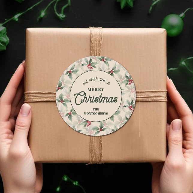 Adesivo Natal Holly Berry Comida Feriado Caseiro (We Wish you a Merry Christmas holly and berries homemade food holiday baking round stickers)