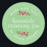 Adesivo Natal Homemade Cranberry Jam Canning Green<br><div class="desc">Compota de Natal russa e moderna enlatando o adesivo de framboesa de amora com o texto feito com amor, compota de amora caseira e seu nome em um roteiro moderno em um fundo verde sábio com um toque na moda de amora. Basta adicionar seu nome e o nome do produto...</div>