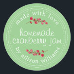 Adesivo Natal Homemade Cranberry Jam Canning Green<br><div class="desc">Compota de Natal russa e moderna enlatando o adesivo de framboesa de amora com o texto feito com amor, compota de amora caseira e seu nome em um roteiro moderno em um fundo verde sábio com um toque na moda de amora. Basta adicionar seu nome e o nome do produto...</div>
