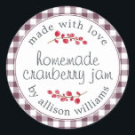 Adesivo Natal Homemade Cranberry Jam Purple<br><div class="desc">Compota de Natal russa e moderna enlatando o adesivo de framboesa de amora com o texto feito com amor, compota de amora caseira e seu nome em um roteiro moderno em um padrão de cheque roxo com um toque de na moda de amoras. Basta adicionar seu nome e o nome...</div>