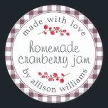 Adesivo Natal Homemade Cranberry Jam Purple<br><div class="desc">Compota de Natal russa e moderna enlatando o adesivo de framboesa de amora com o texto feito com amor, compota de amora caseira e seu nome em um roteiro moderno em um padrão de cheque roxo com um toque de na moda de amoras. Basta adicionar seu nome e o nome...</div>