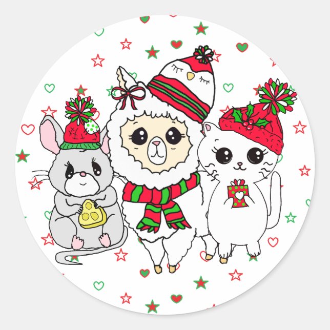 Adesivo Natal Llama, Kitten e Feriado do Mouse (Frente)
