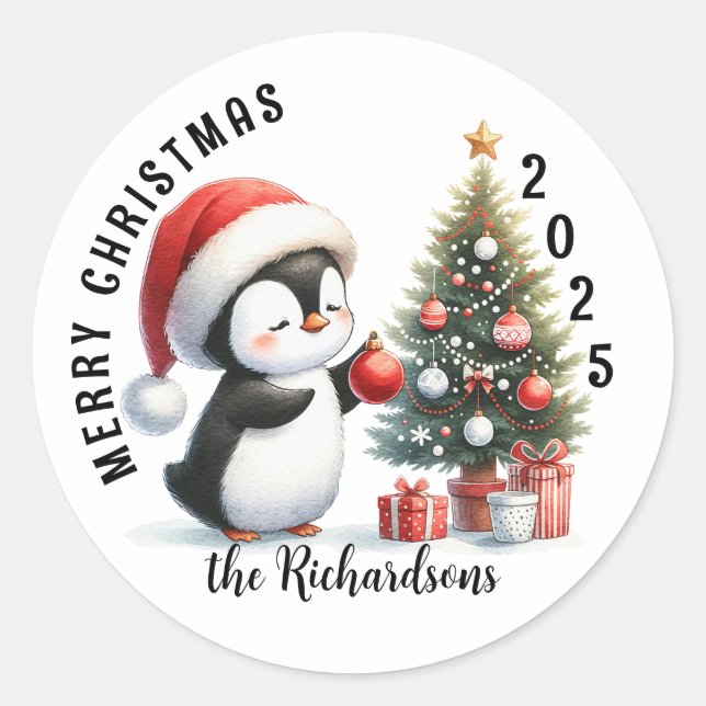 Adesivo Natal moderno de pinguim fofo Personalizado Feliz  (Frente)