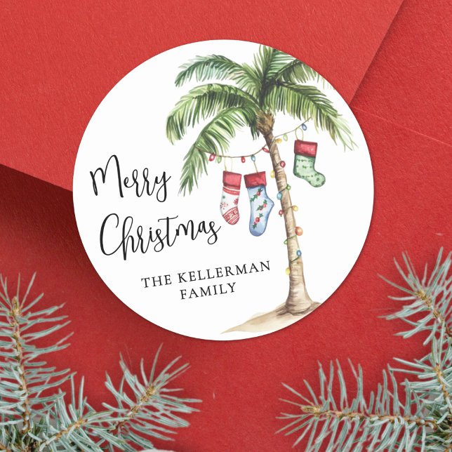 Adesivo Natal na Praia (Tropical Beach Christmas Classic Round Sticker)