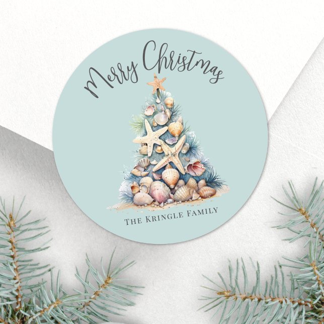 Adesivo Natal na Praia (Beach Christmas Classic Round Sticker)
