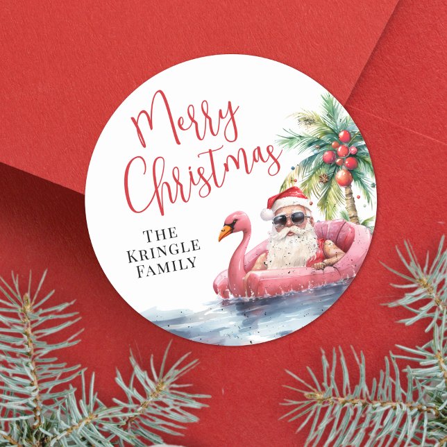 Adesivo Natal na Praia Tropical (Beach Christmas In July Classic Round Sticker)