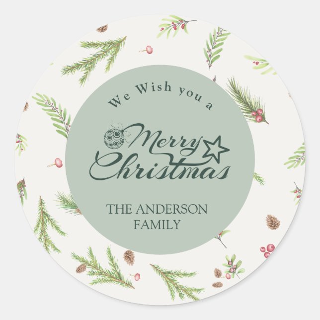 Adesivo Natal natural mínimo elegante Botânica Verde (Frente)