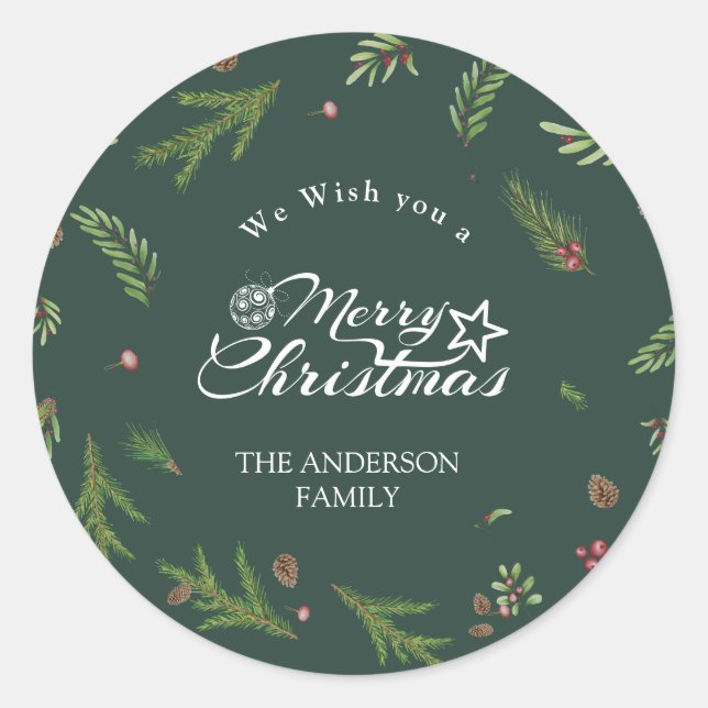 Adesivo Natal natural mínimo elegante Botânica Verde (Frente)