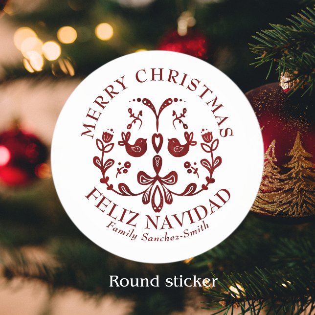 Adesivo Natal para as Aves Bilíngues da Borgonha Elegante (Bilingual custom text, birds, Merry Christmas-Feliz Navidad Round stickers. Multilingual project)