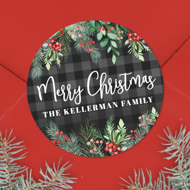 Adesivo Natal Personalizado com Elegante Folhagem (Greenery Plaid Merry Christmas Classic Round Sticker )