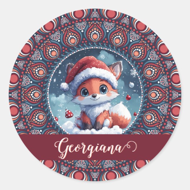 Adesivo Natal Personalizado Kawaii Fox Dot Mandala (Frente)