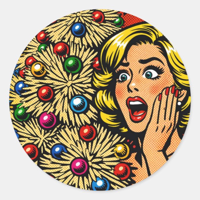 Adesivo Natal Pop Art, expressão de choque, árvore funky (Frente)