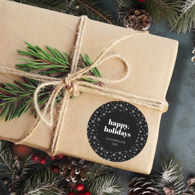 Adesivo Natal Preto de Natal Feliz de Script Moderno (Christmas happy holiday snowflake pattern stickers)