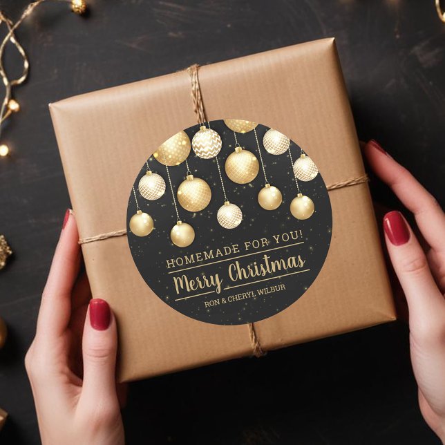Adesivo Natal Preto e Dourado Homemade Para Você (Black and Gold Christmas Tree Ornaments on Handmade For You  Round Stickers)