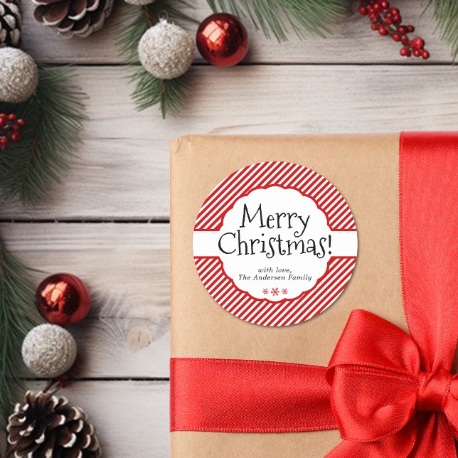 Adesivo Natal Red Candy Candy Strike Holiday Scalloped (Modern Minimal Red Stripes Typography Scalloped Classic Round Sticker)
