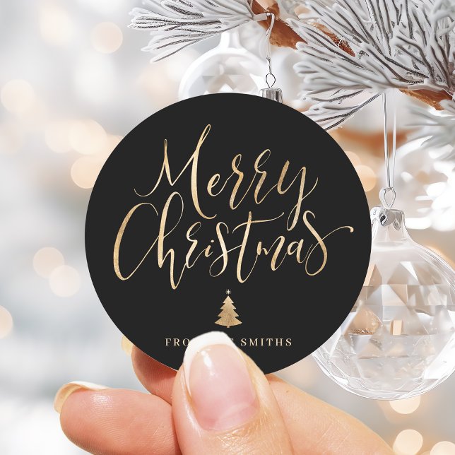 Adesivo Natal Simples Caligrafia Preto e Dourado (Black and Gold Simple Calligraphy Merry Christmas Classic Round Sticker)