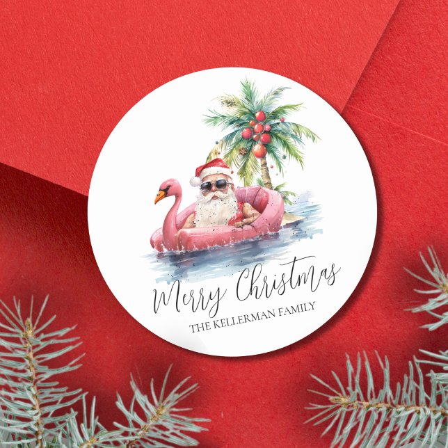 Adesivo Natal Tropical de Praia Santa Claus (Santa Claus Tropical Beach Christmas Classic Round Sticker)