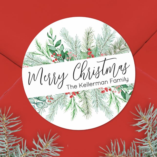 Adesivo Natal Verde Botânico Elegante (Elegant Bontanical Greenery Merry Christmas Classic Round Sticker)