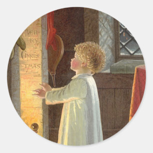 Adesivo Natal vintage, criança que aquece-se pela lareira