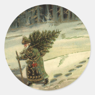 Adesivo Natal vintage, Papai Noel que leva uma árvore