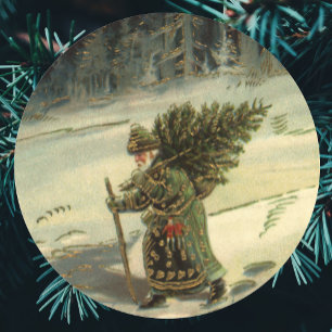 Adesivo Natal vintage, Papai Noel que leva uma árvore