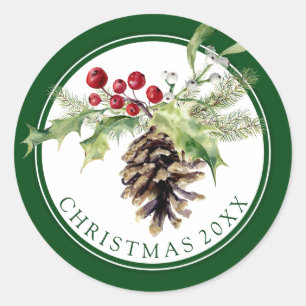 Adesivo Natal   Watercolor - Vintage Holly & Pinecone