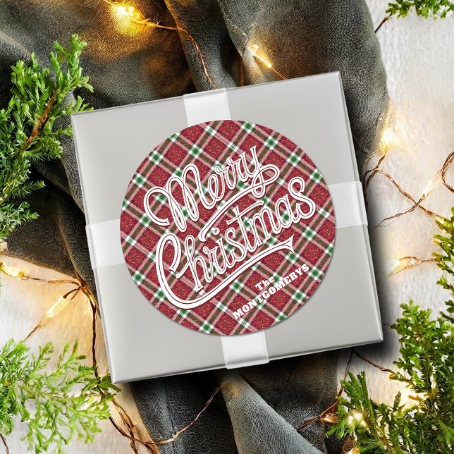 Adesivo Natal Xadrez Brilhante Chic  (Chic faux sparkly plaid Christmas round stickers - 3" shown or 1-1/2")